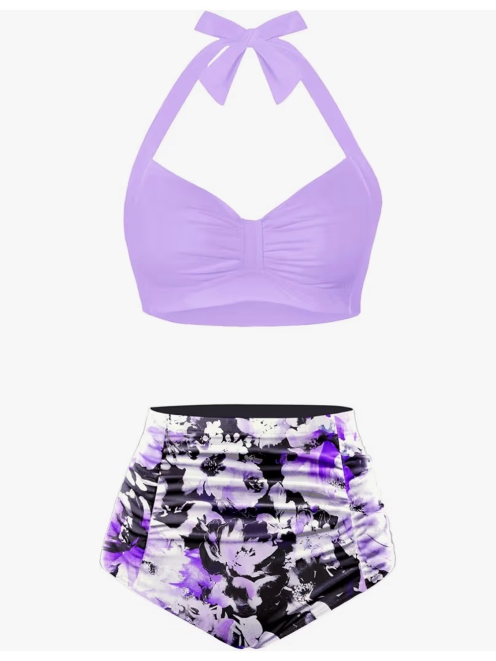 Lavender Halter Bikini Top with Purple Floral High-Waist Bottom